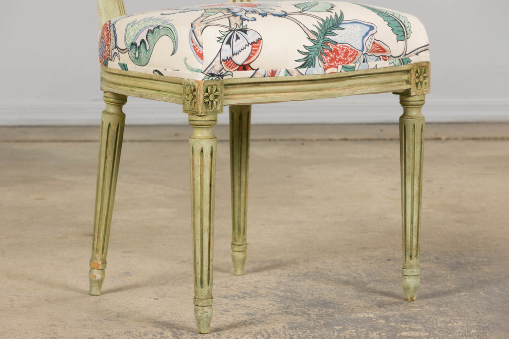 Antique French Louis XVI Painted Green Dining Chairs in Floral Fabric- Set of 6