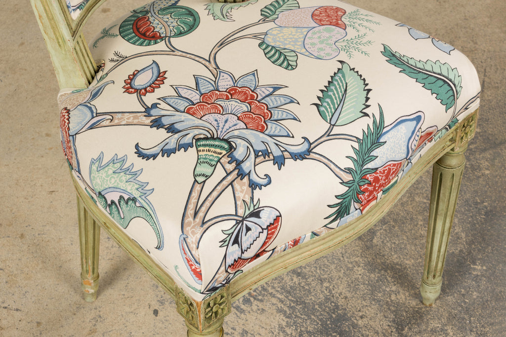 Antique French Louis XVI Painted Green Dining Chairs in Floral Fabric- Set of 6