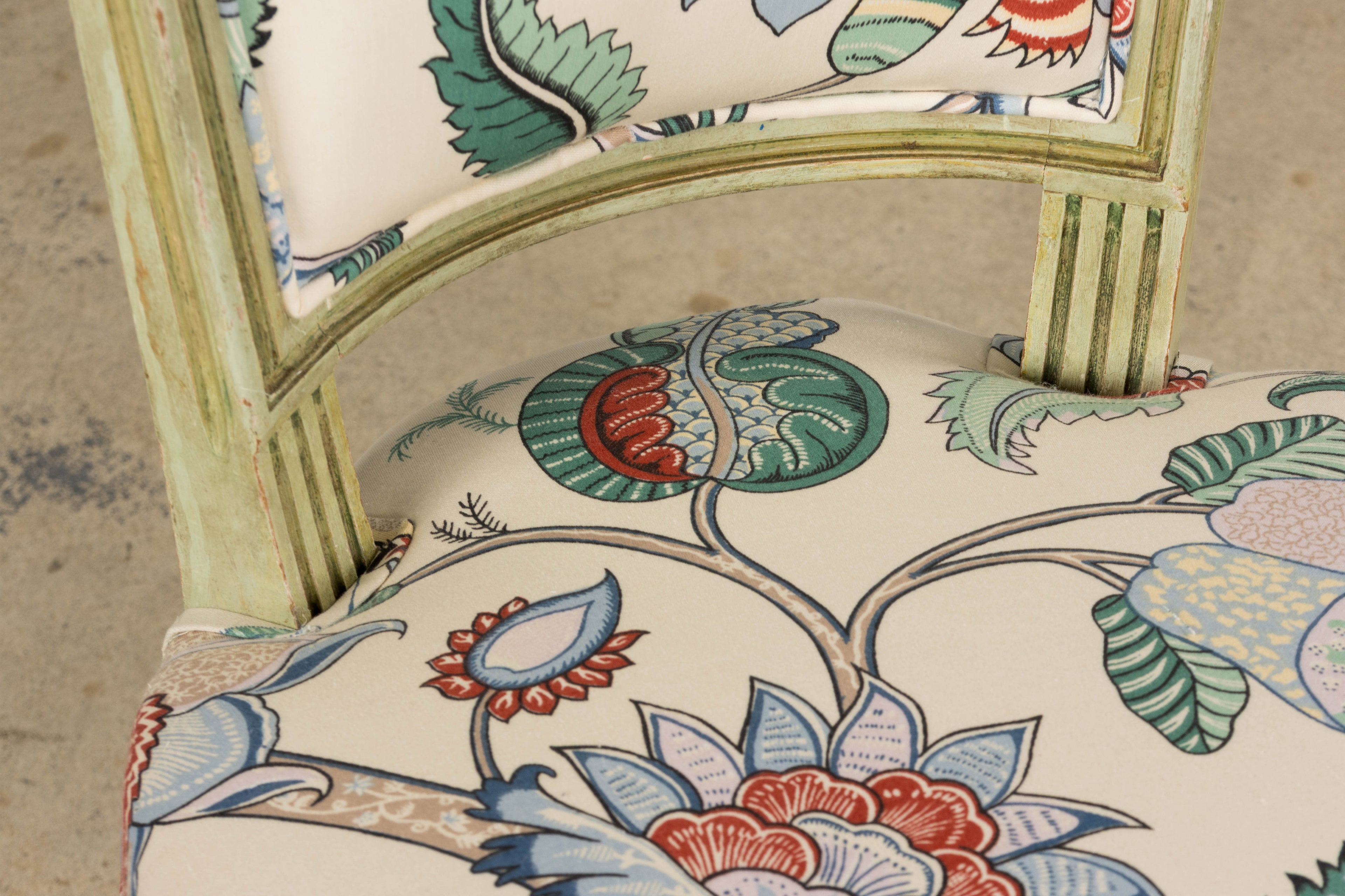 Antique French Louis XVI Painted Green Dining Chairs in Floral Fabric- Set of 6