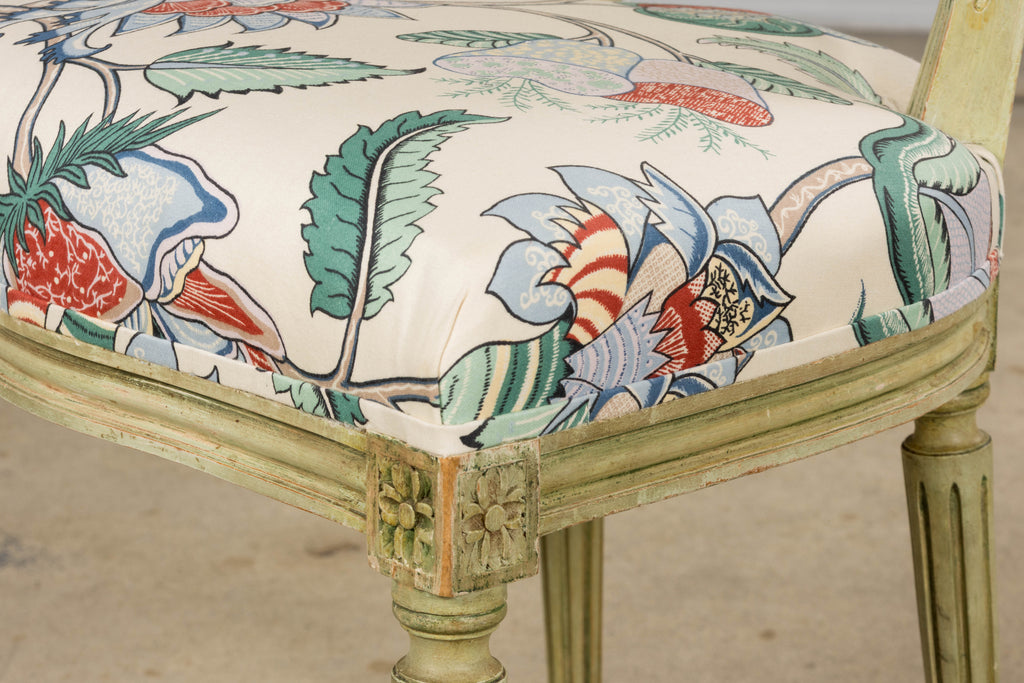 Antique French Louis XVI Painted Green Dining Chairs in Floral Fabric- Set of 6