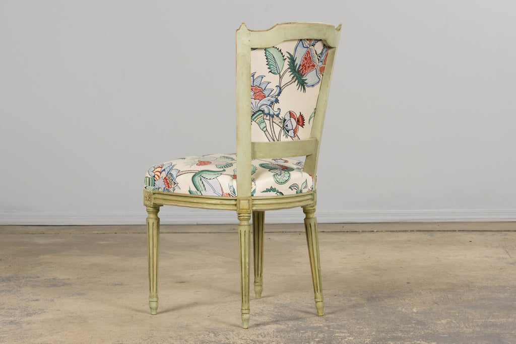 Antique French Louis XVI Painted Green Dining Chairs in Floral Fabric- Set of 6