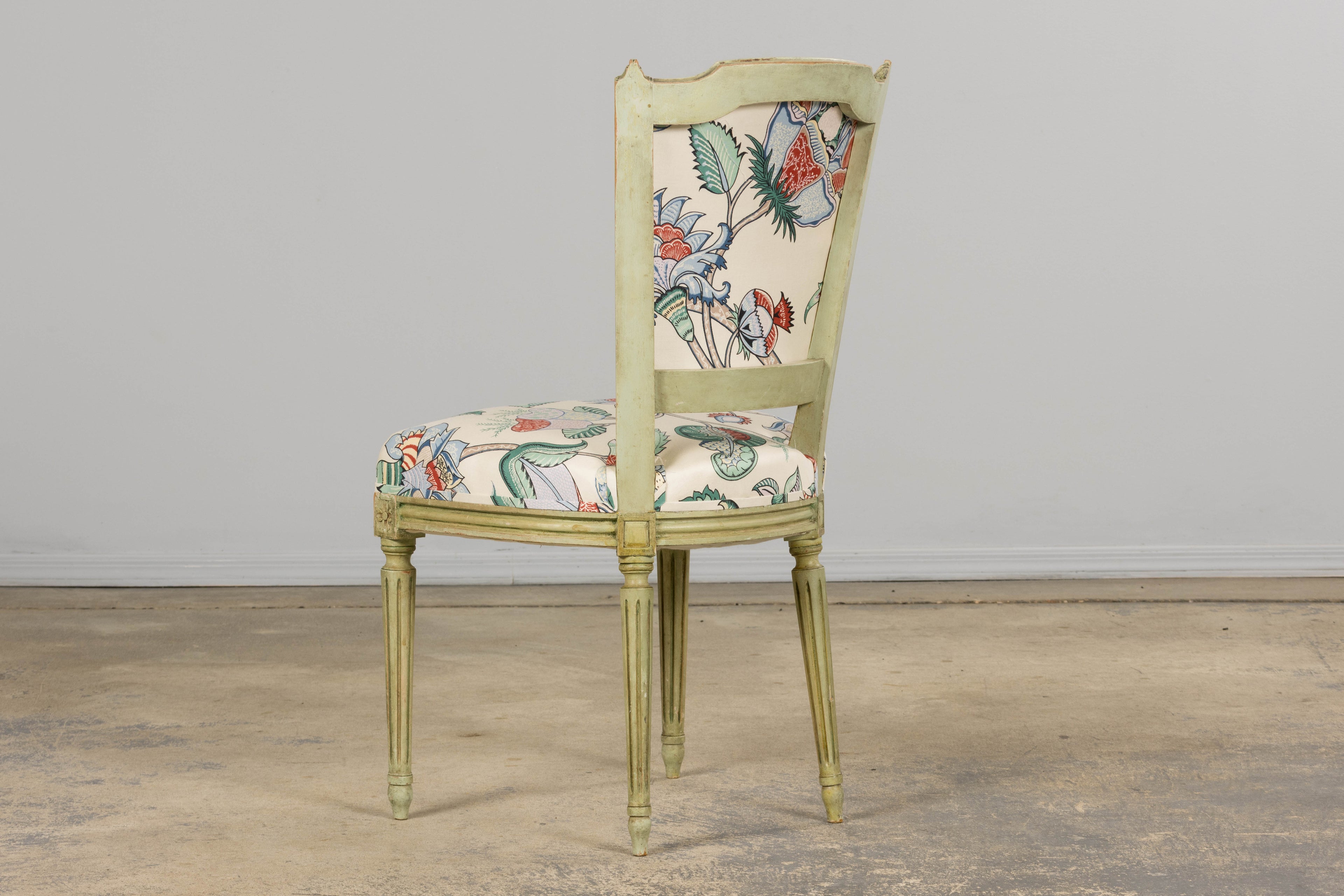 Antique French Louis XVI Painted Green Dining Chairs in Floral Fabric- Set of 6