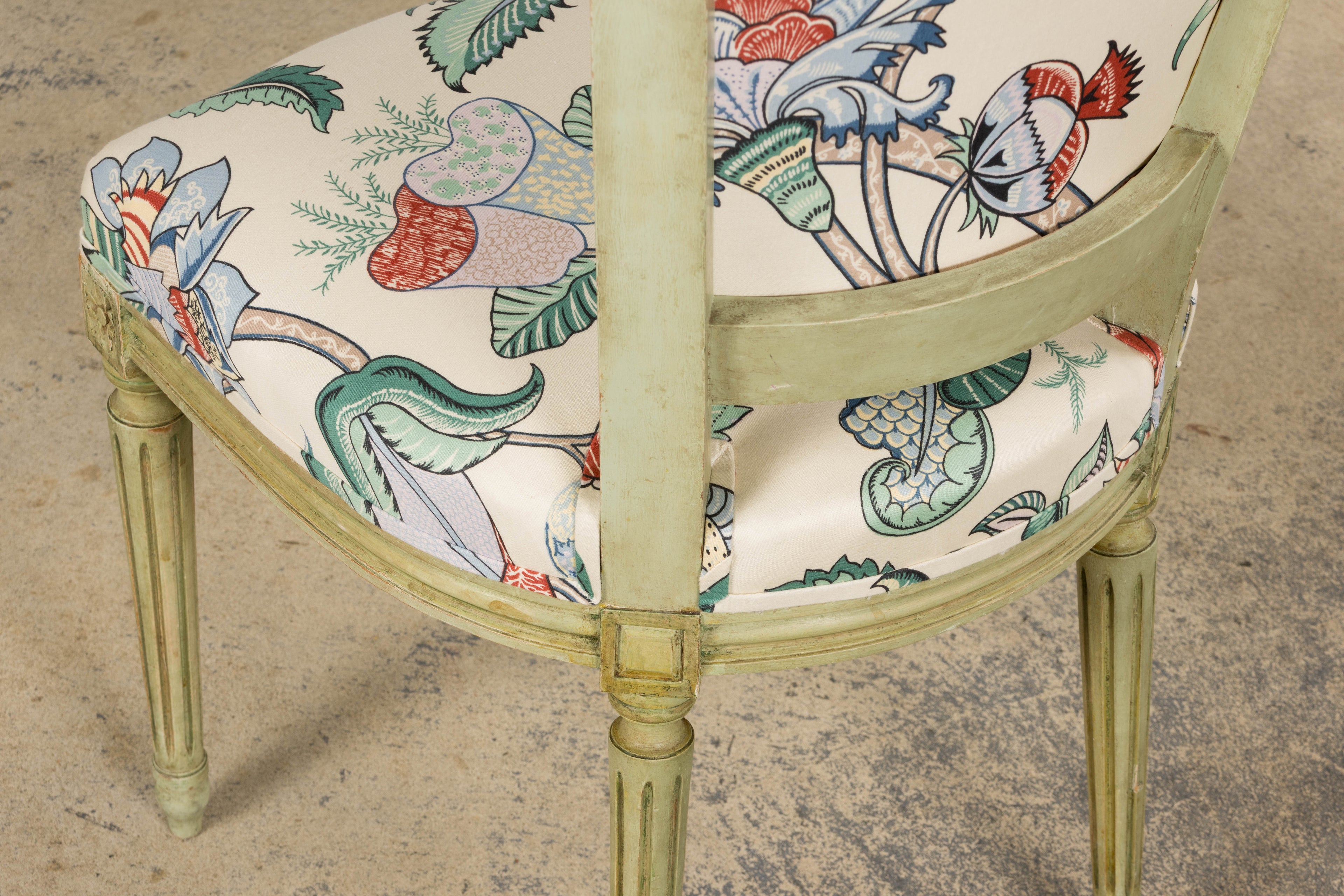 Antique French Louis XVI Painted Green Dining Chairs in Floral Fabric- Set of 6