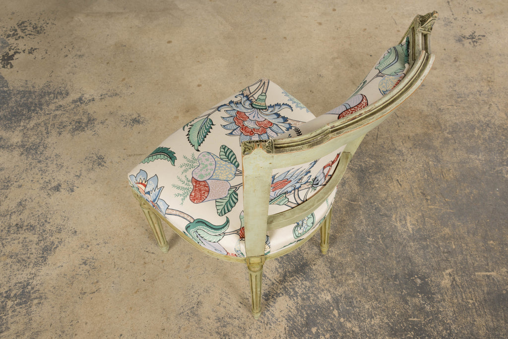 Antique French Louis XVI Painted Green Dining Chairs in Floral Fabric- Set of 6