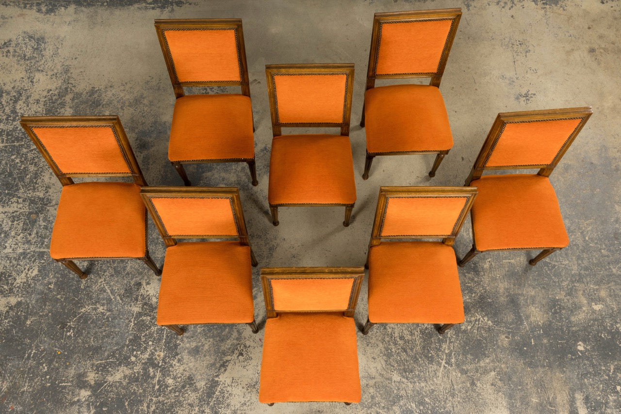 French Louis XVI Style Maple Dining Chairs in Orange Chenille - Set of 8
