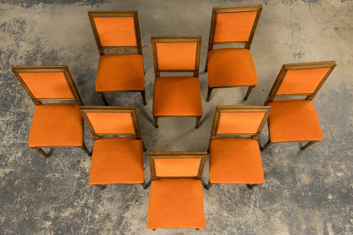 French Louis XVI Style Maple Dining Chairs in Orange Chenille - Set of 8