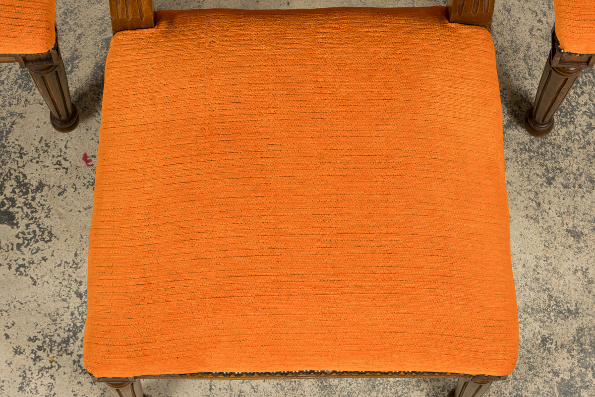 French Louis XVI Style Maple Dining Chairs in Orange Chenille - Set of 8