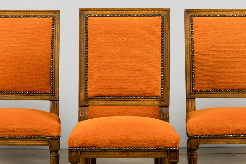 French Louis XVI Style Maple Dining Chairs in Orange Chenille - Set of 8