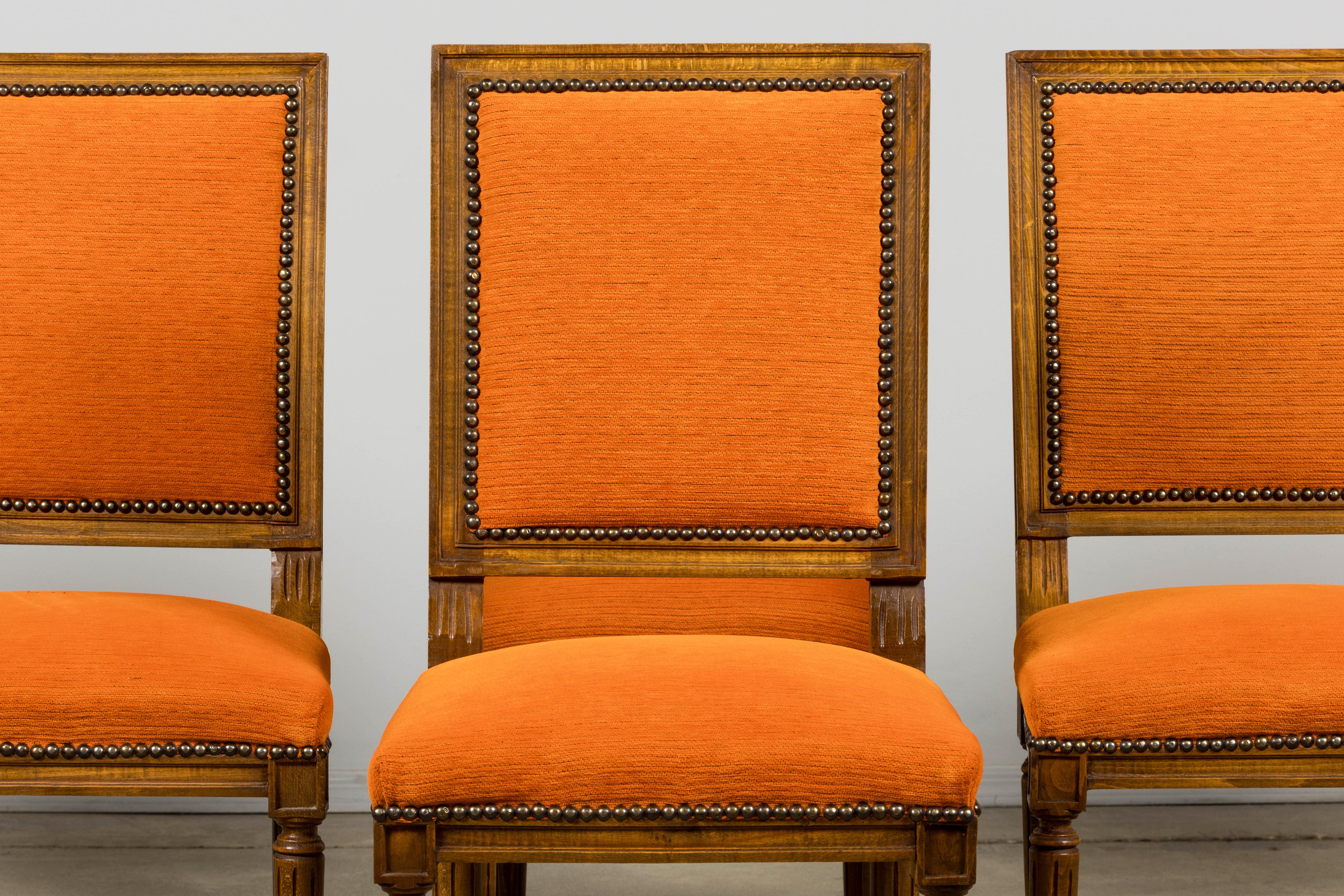French Louis XVI Style Maple Dining Chairs in Orange Chenille - Set of 8