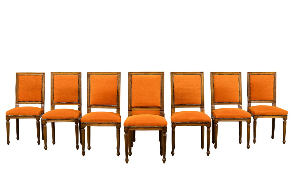 French Louis XVI Style Maple Dining Chairs in Orange Chenille - Set of 8