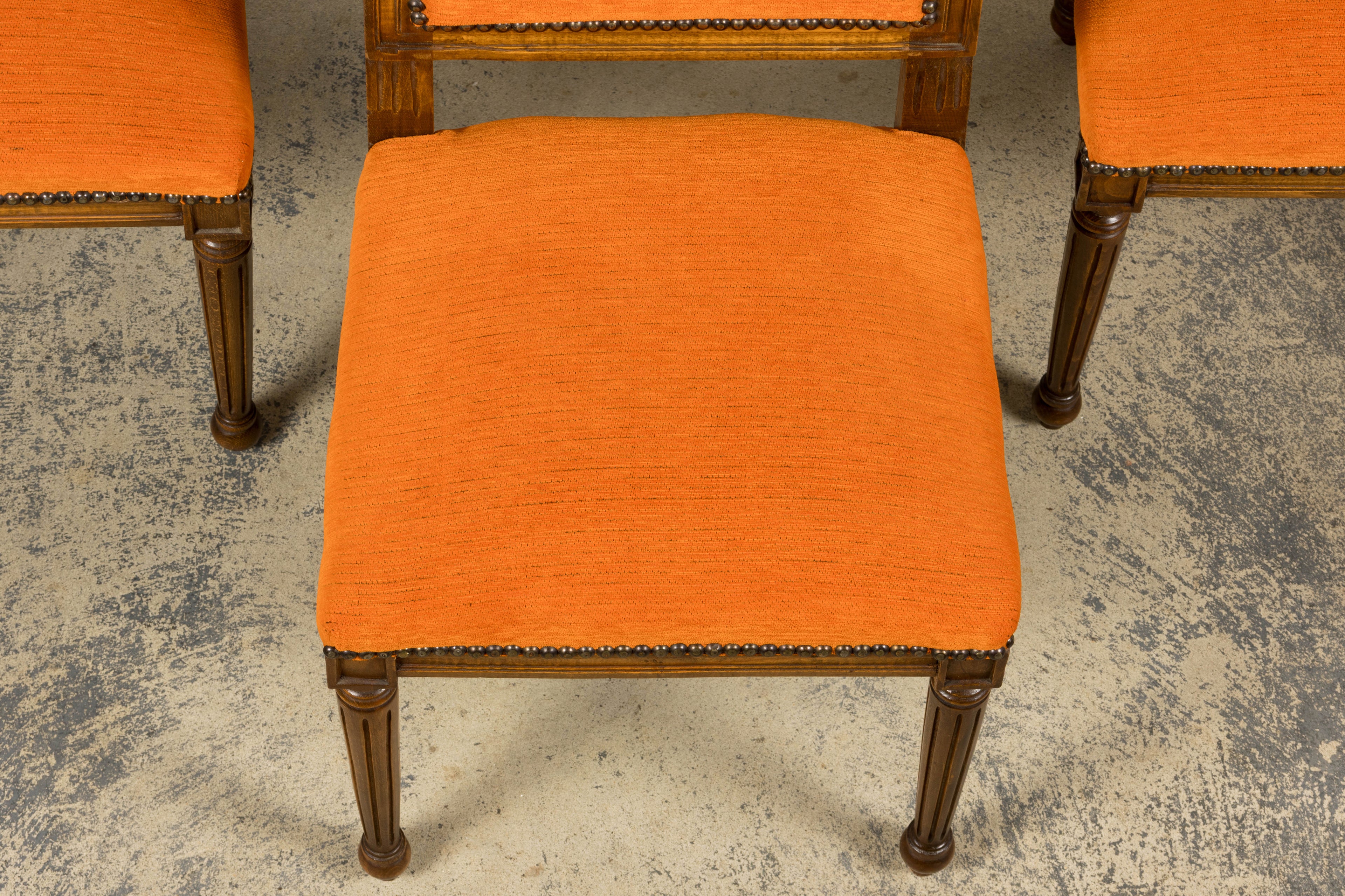 French Louis XVI Style Maple Dining Chairs in Orange Chenille - Set of 8