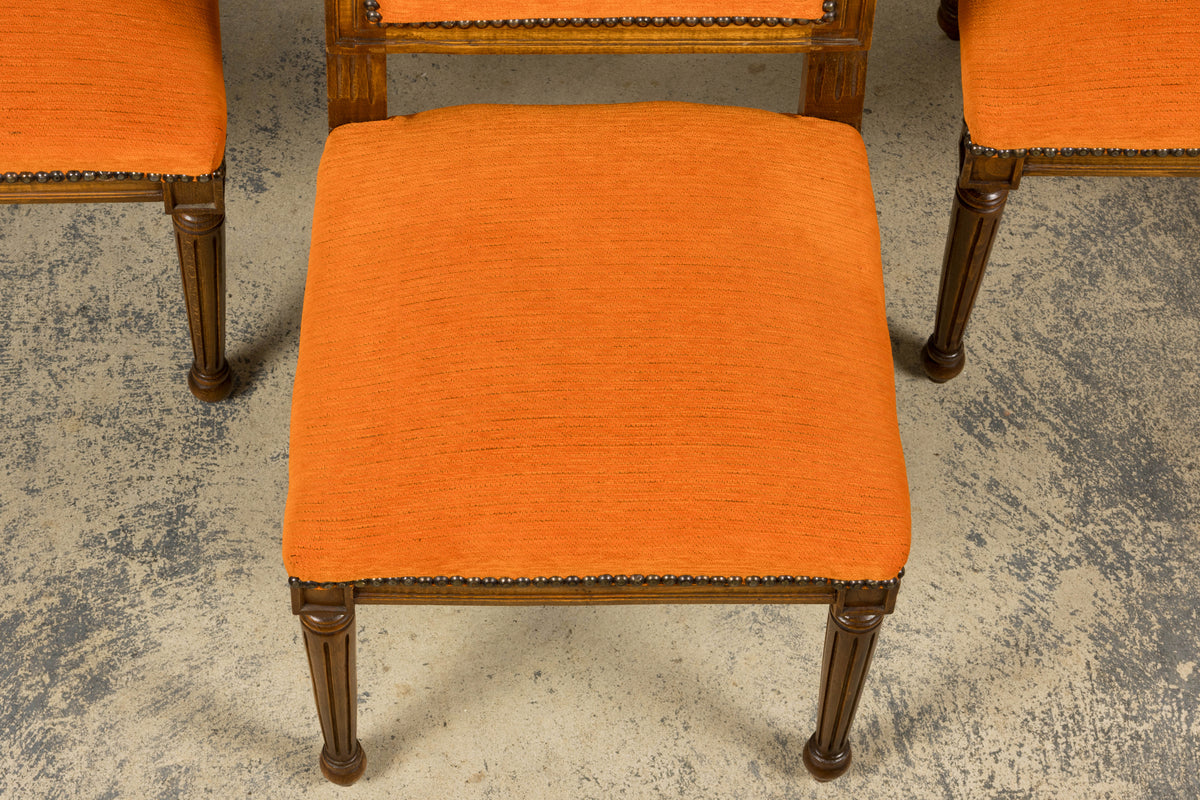 French Louis XVI Style Maple Dining Chairs in Orange Chenille - Set of 8