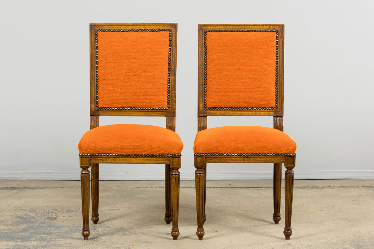 French Louis XVI Style Maple Dining Chairs in Orange Chenille - Set of 8