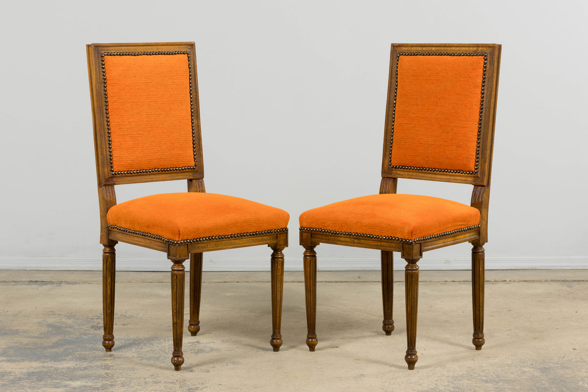 French Louis XVI Style Maple Dining Chairs in Orange Chenille - Set of 8