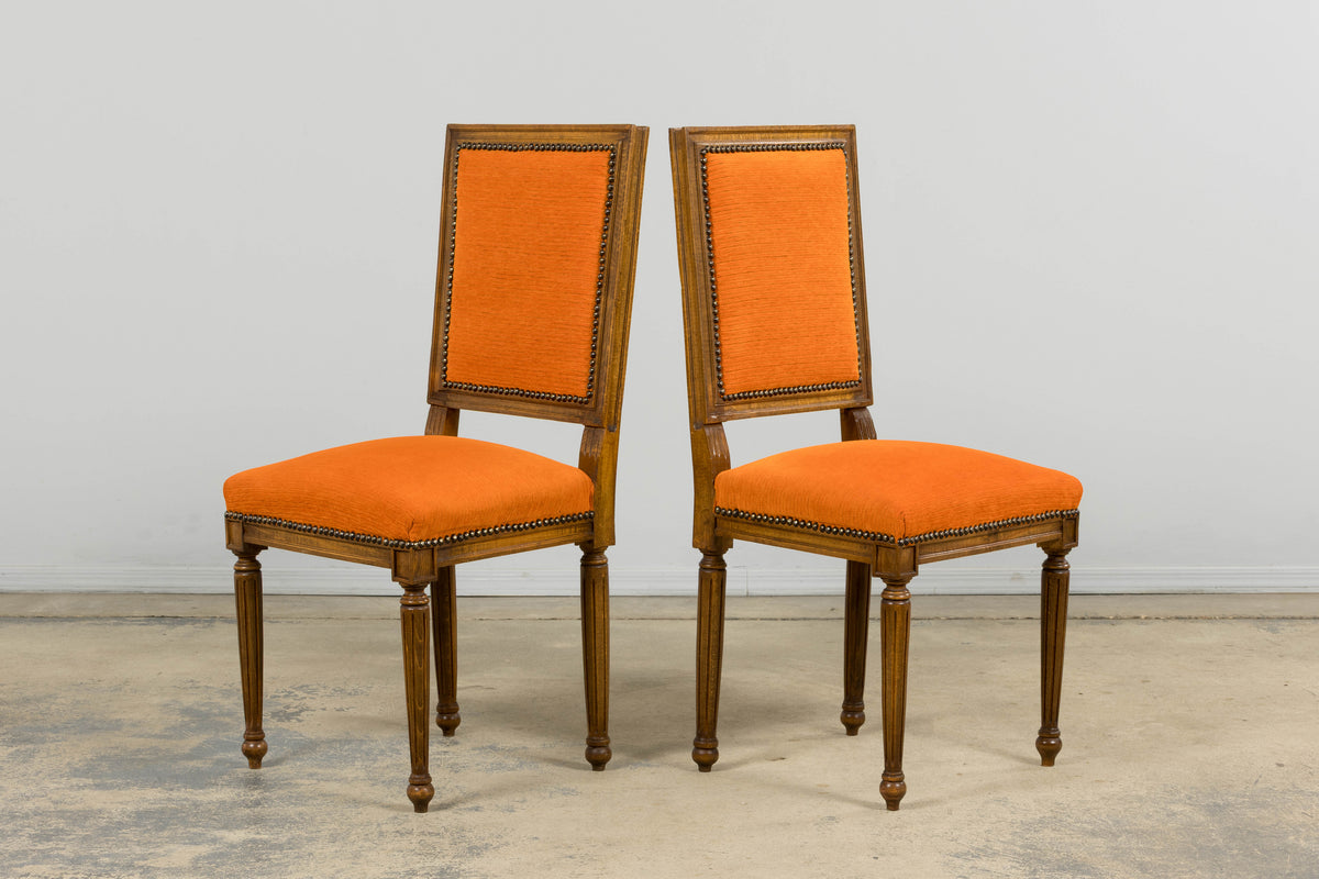 French Louis XVI Style Maple Dining Chairs in Orange Chenille - Set of 8