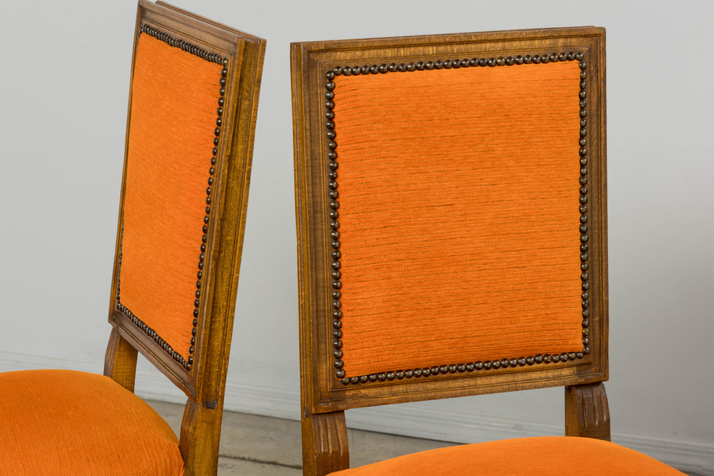 French Louis XVI Style Maple Dining Chairs in Orange Chenille - Set of 8