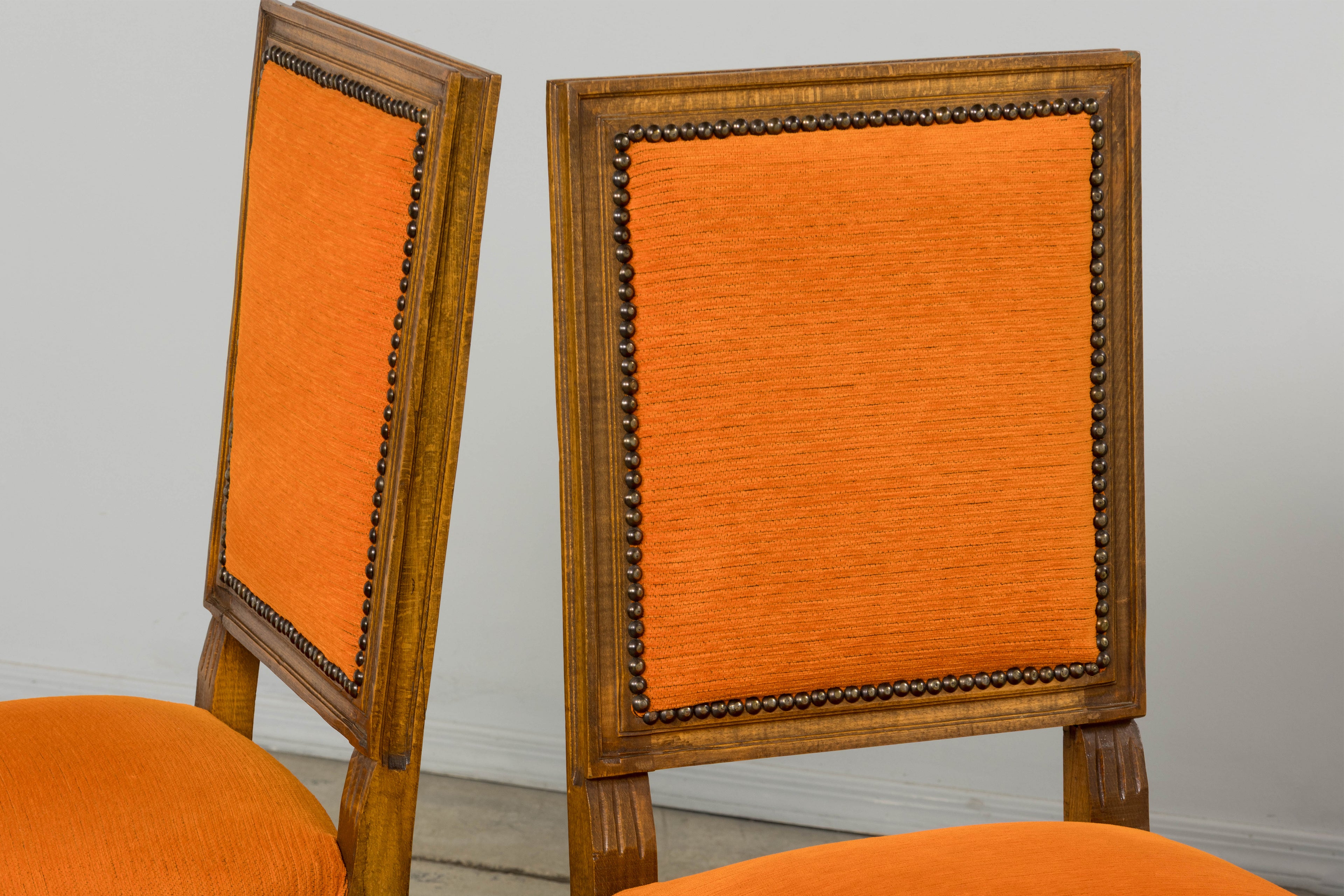 French Louis XVI Style Maple Dining Chairs in Orange Chenille - Set of 8