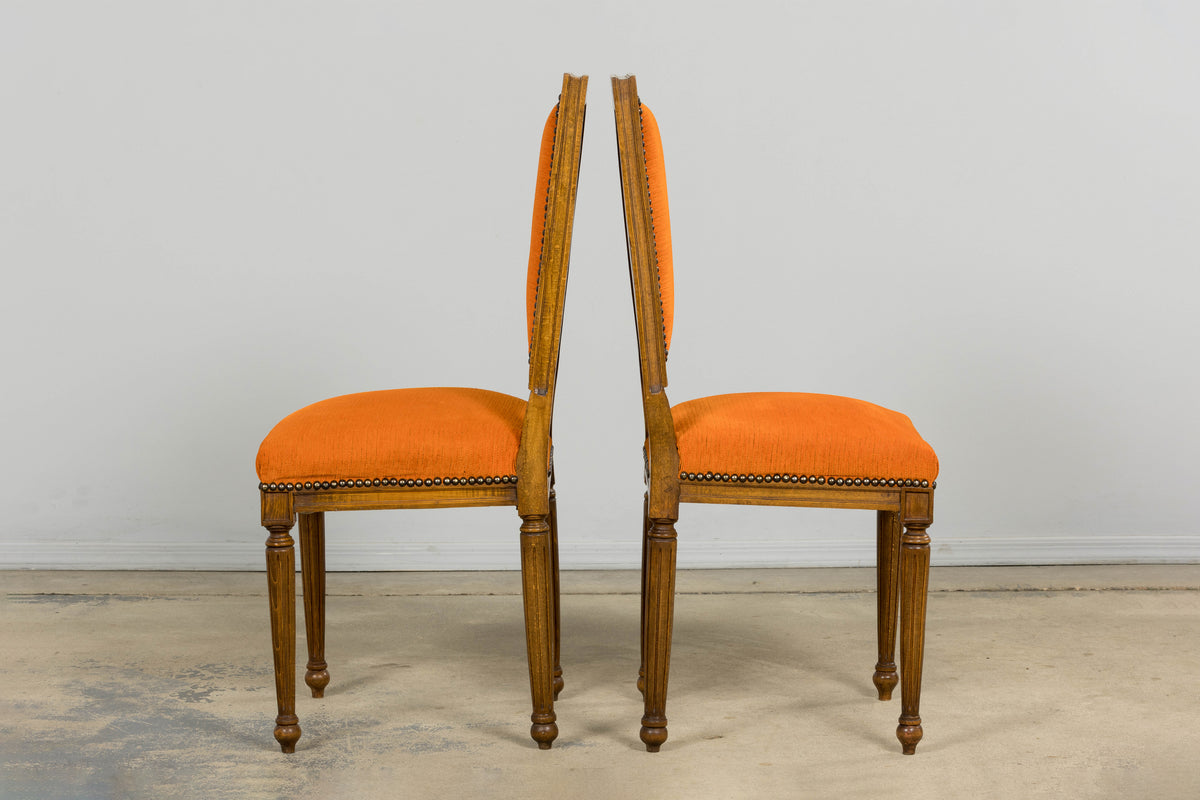 French Louis XVI Style Maple Dining Chairs in Orange Chenille - Set of 8