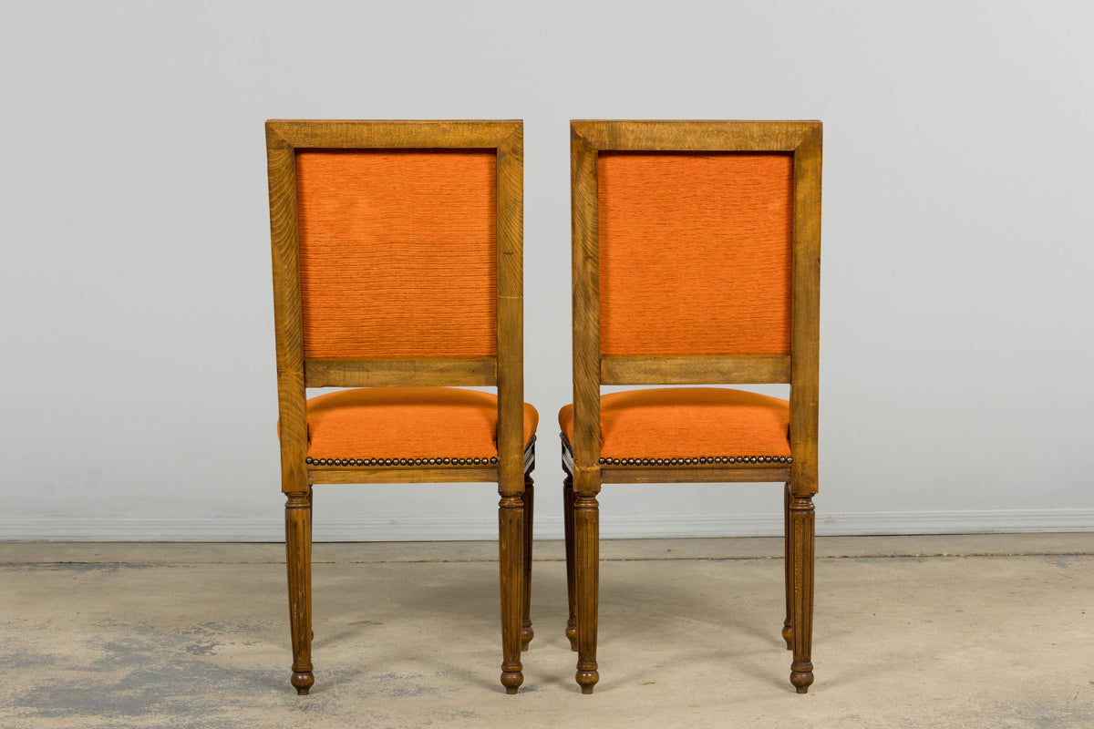 French Louis XVI Style Maple Dining Chairs in Orange Chenille - Set of 8