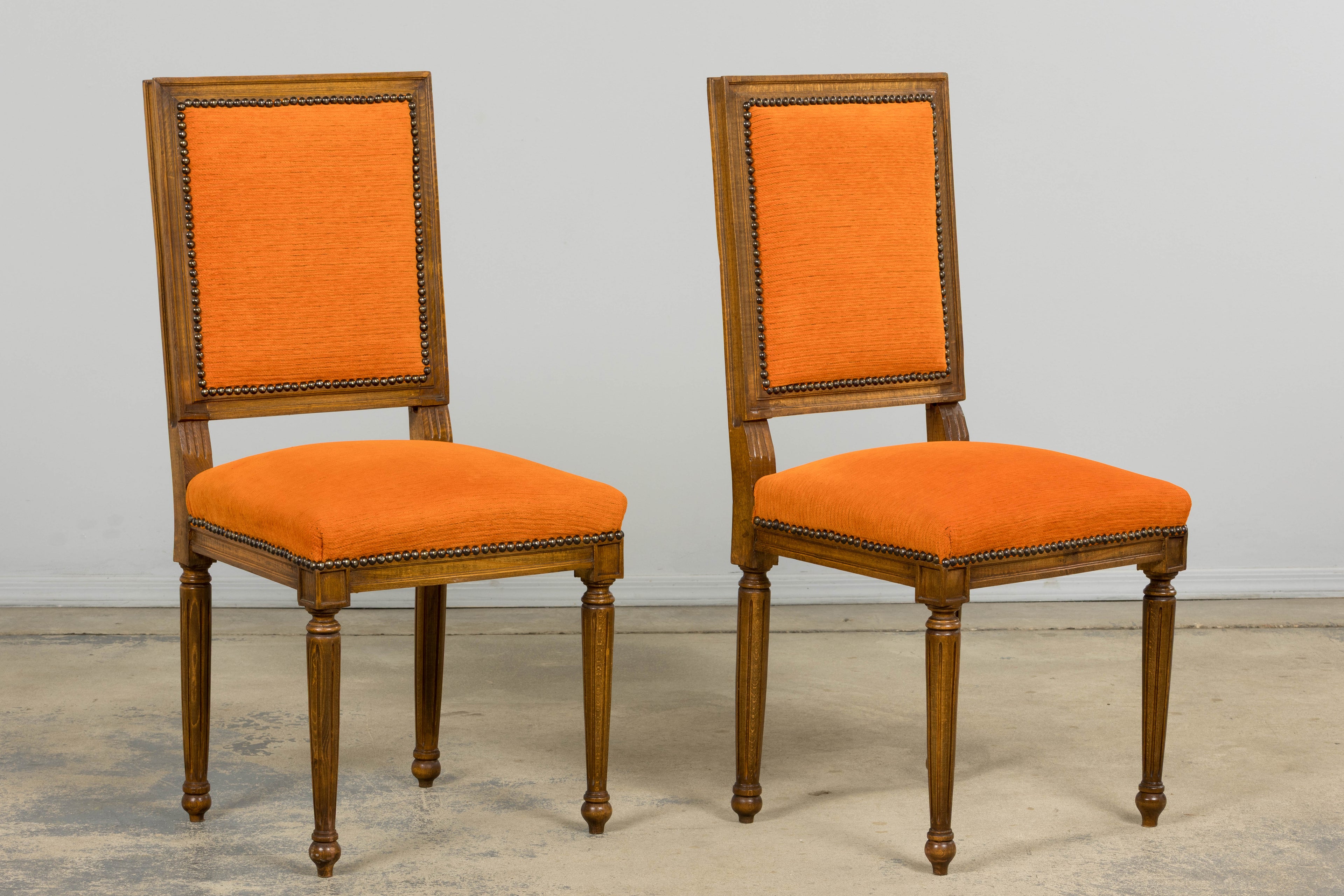 French Louis XVI Style Maple Dining Chairs in Orange Chenille - Set of 8