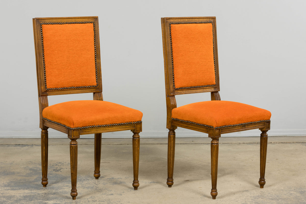 French Louis XVI Style Maple Dining Chairs in Orange Chenille - Set of 8