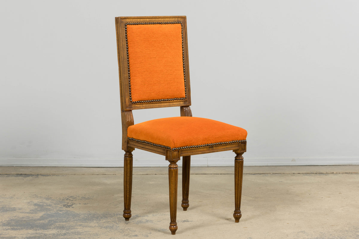 French Louis XVI Style Maple Dining Chairs in Orange Chenille - Set of 8