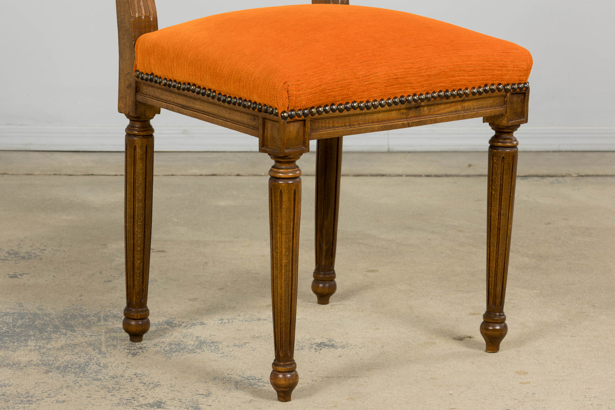 French Louis XVI Style Maple Dining Chairs in Orange Chenille - Set of 8