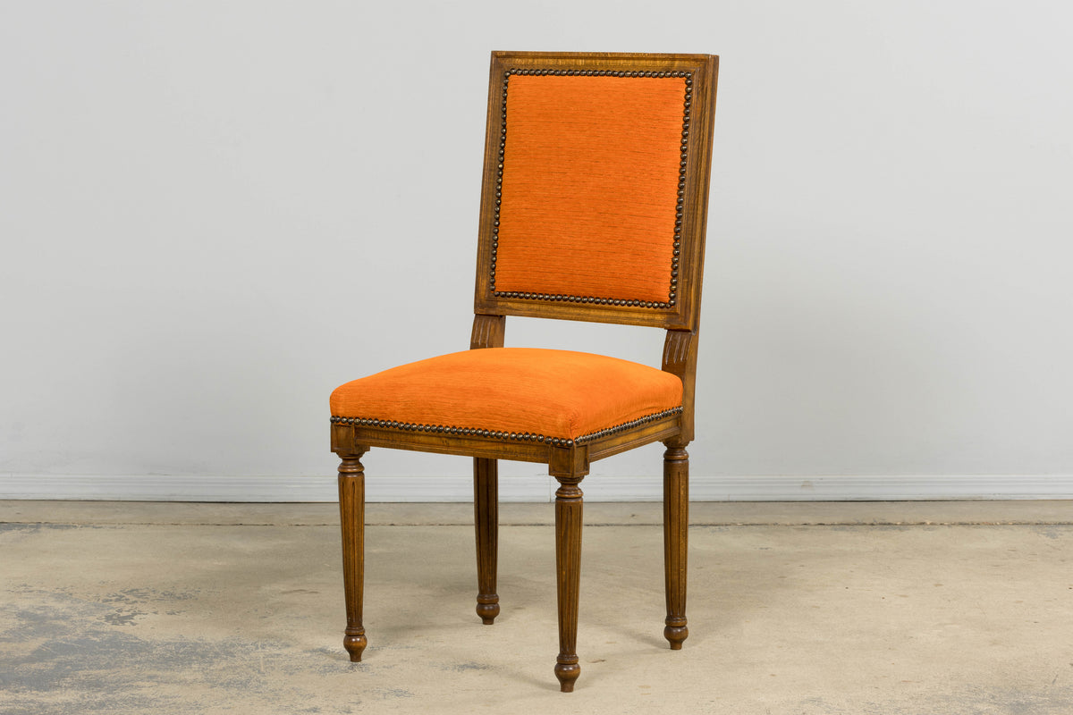 French Louis XVI Style Maple Dining Chairs in Orange Chenille - Set of 8