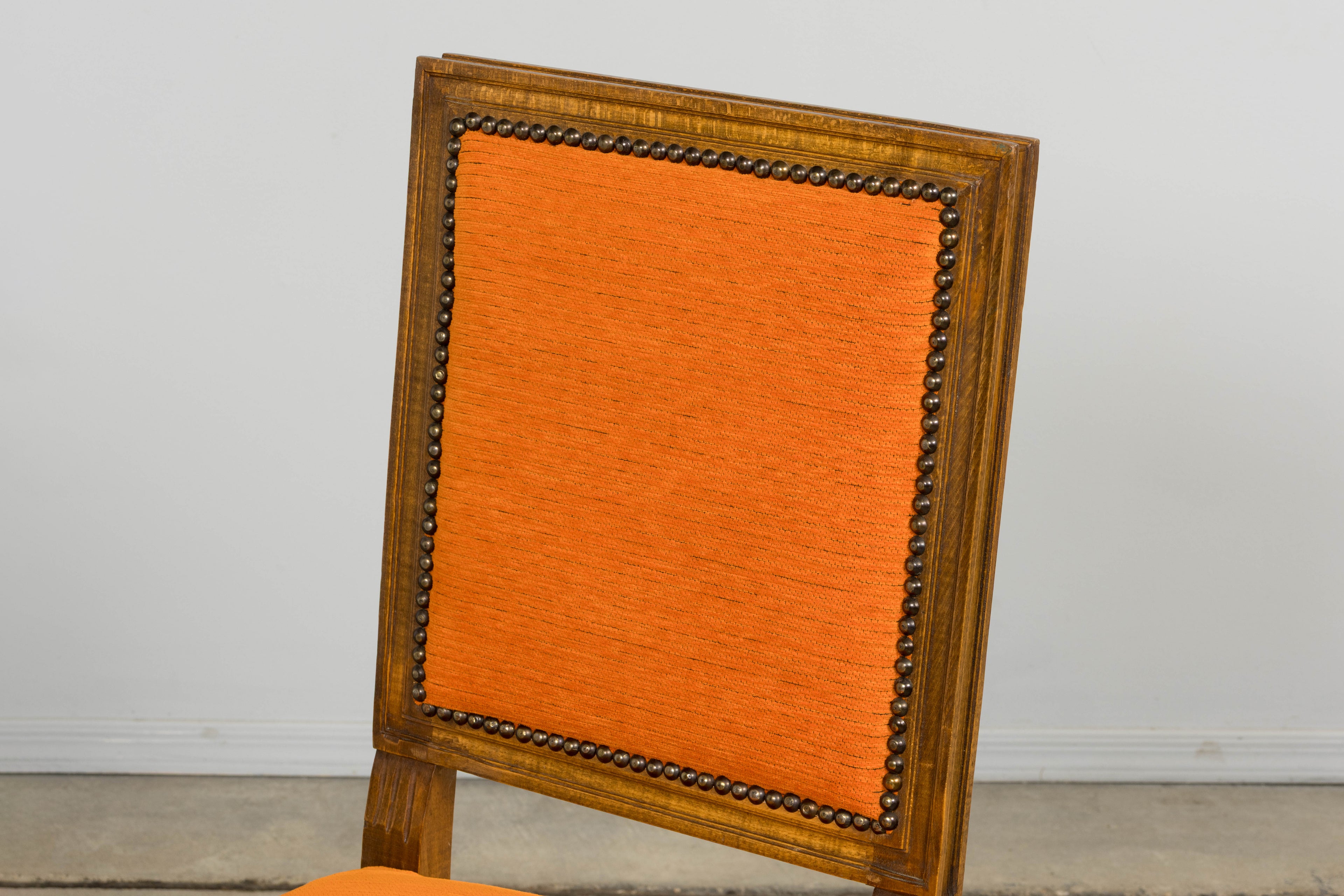French Louis XVI Style Maple Dining Chairs in Orange Chenille - Set of 8