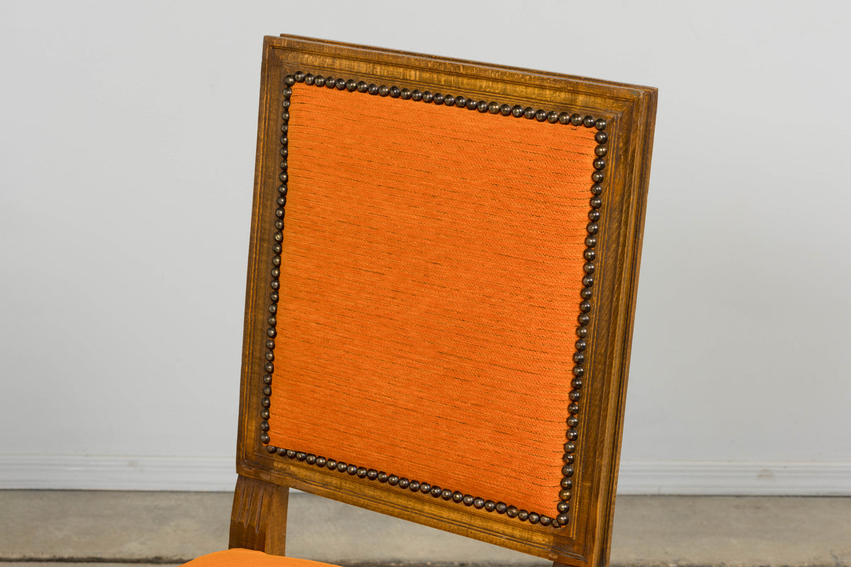 French Louis XVI Style Maple Dining Chairs in Orange Chenille - Set of 8