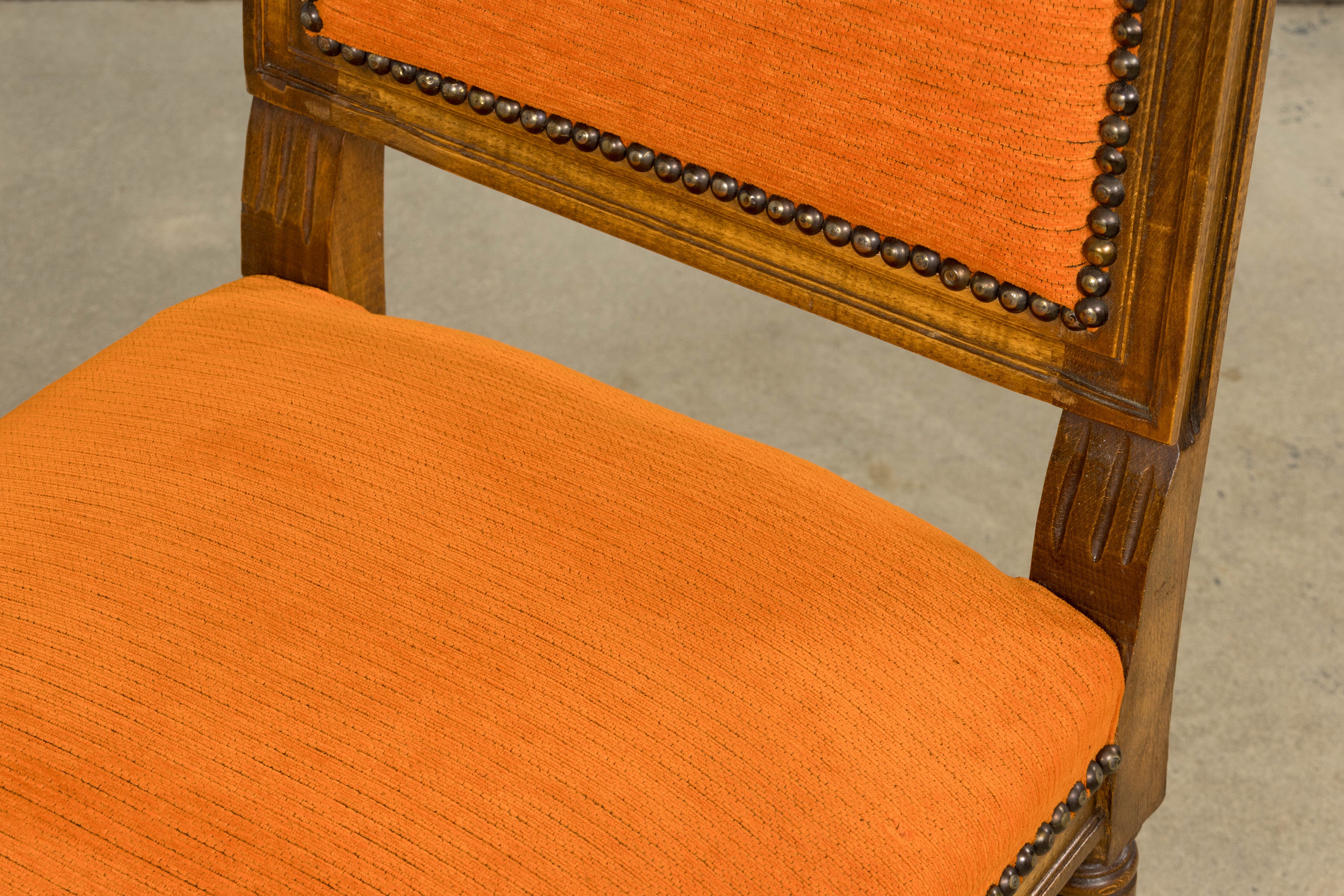 French Louis XVI Style Maple Dining Chairs in Orange Chenille - Set of 8