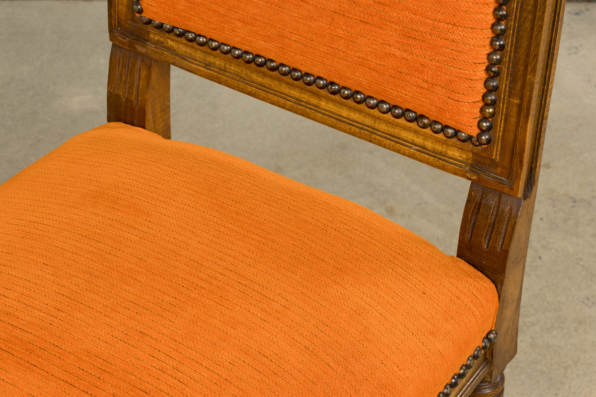 French Louis XVI Style Maple Dining Chairs in Orange Chenille - Set of 8