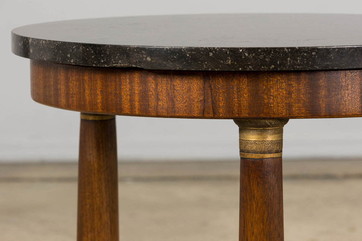 19th Century French Empire Style Mahogany Pedestal Side Table W/ Marble Top