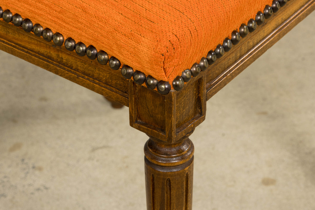 French Louis XVI Style Maple Dining Chairs in Orange Chenille - Set of 8