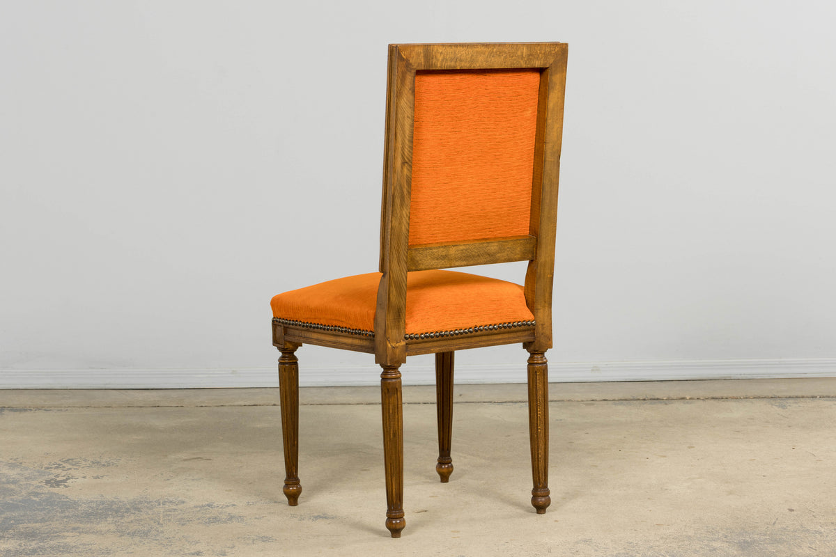 French Louis XVI Style Maple Dining Chairs in Orange Chenille - Set of 8
