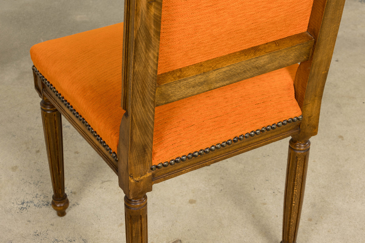 French Louis XVI Style Maple Dining Chairs in Orange Chenille - Set of 8