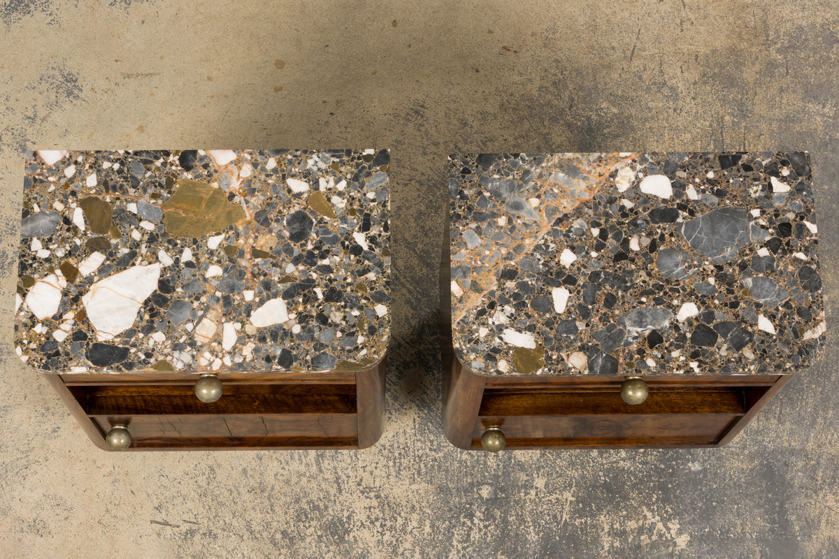 1920s French Art Deco Burl Walnut Nightstands or Side Tables W/ Marble  - A Pair
