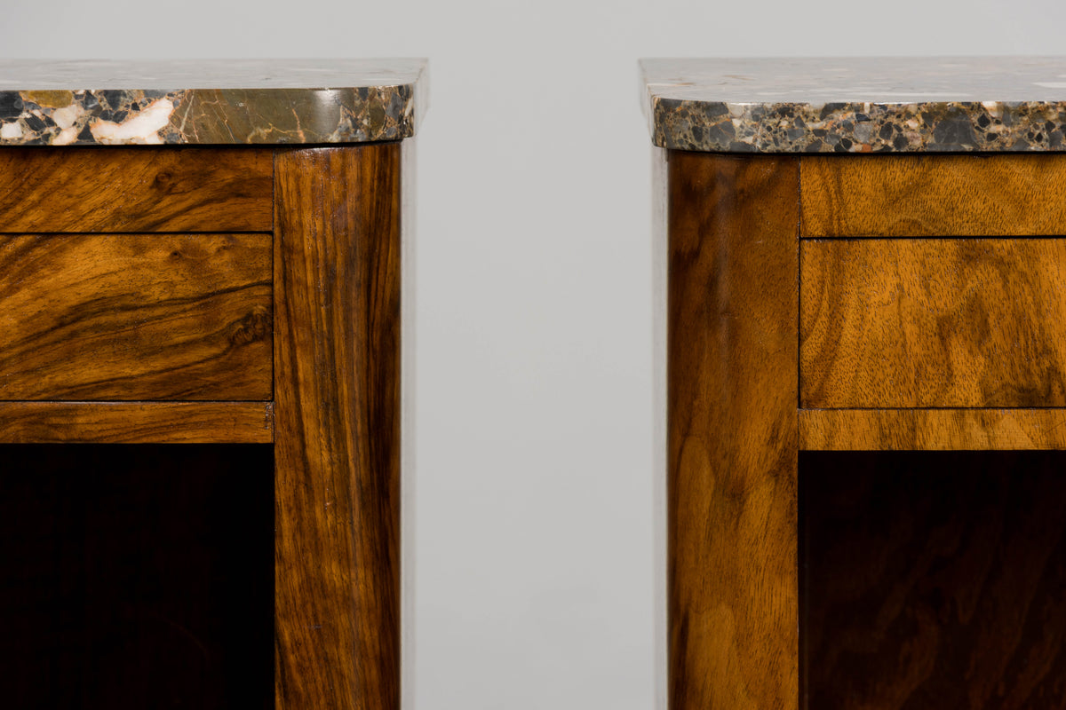 1920s French Art Deco Burl Walnut Nightstands or Side Tables W/ Marble  - A Pair
