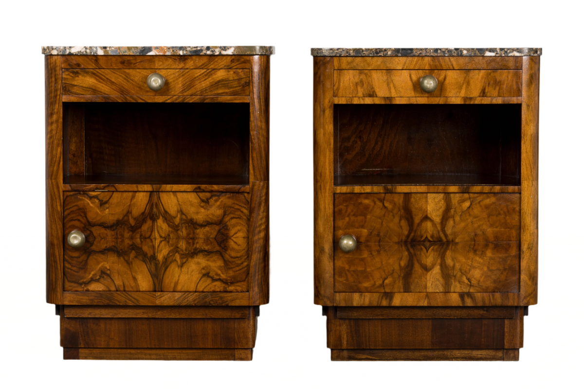 1920s French Art Deco Burl Walnut Nightstands or Side Tables W/ Marble  - A Pair