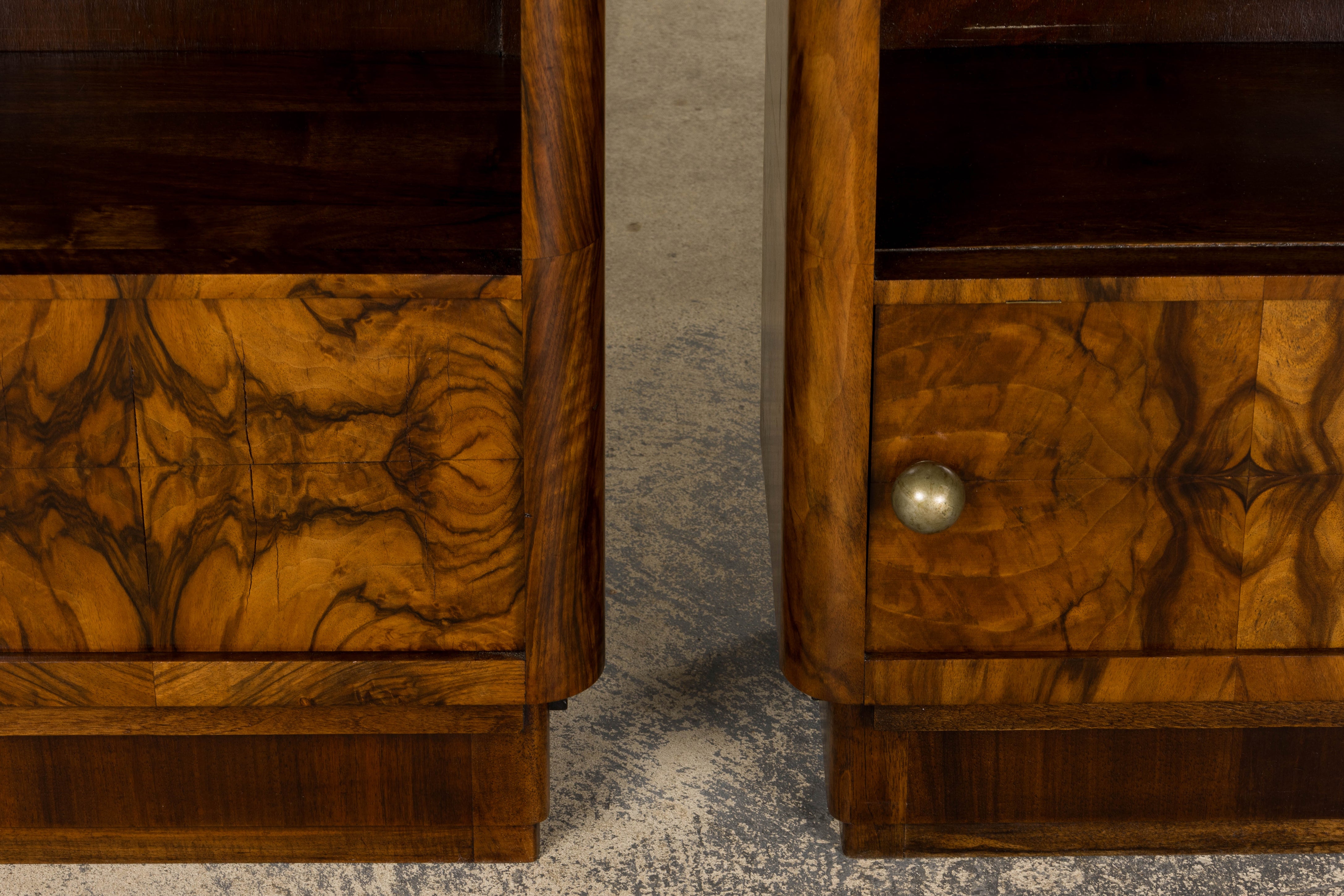 1920s French Art Deco Burl Walnut Nightstands or Side Tables W/ Marble  - A Pair