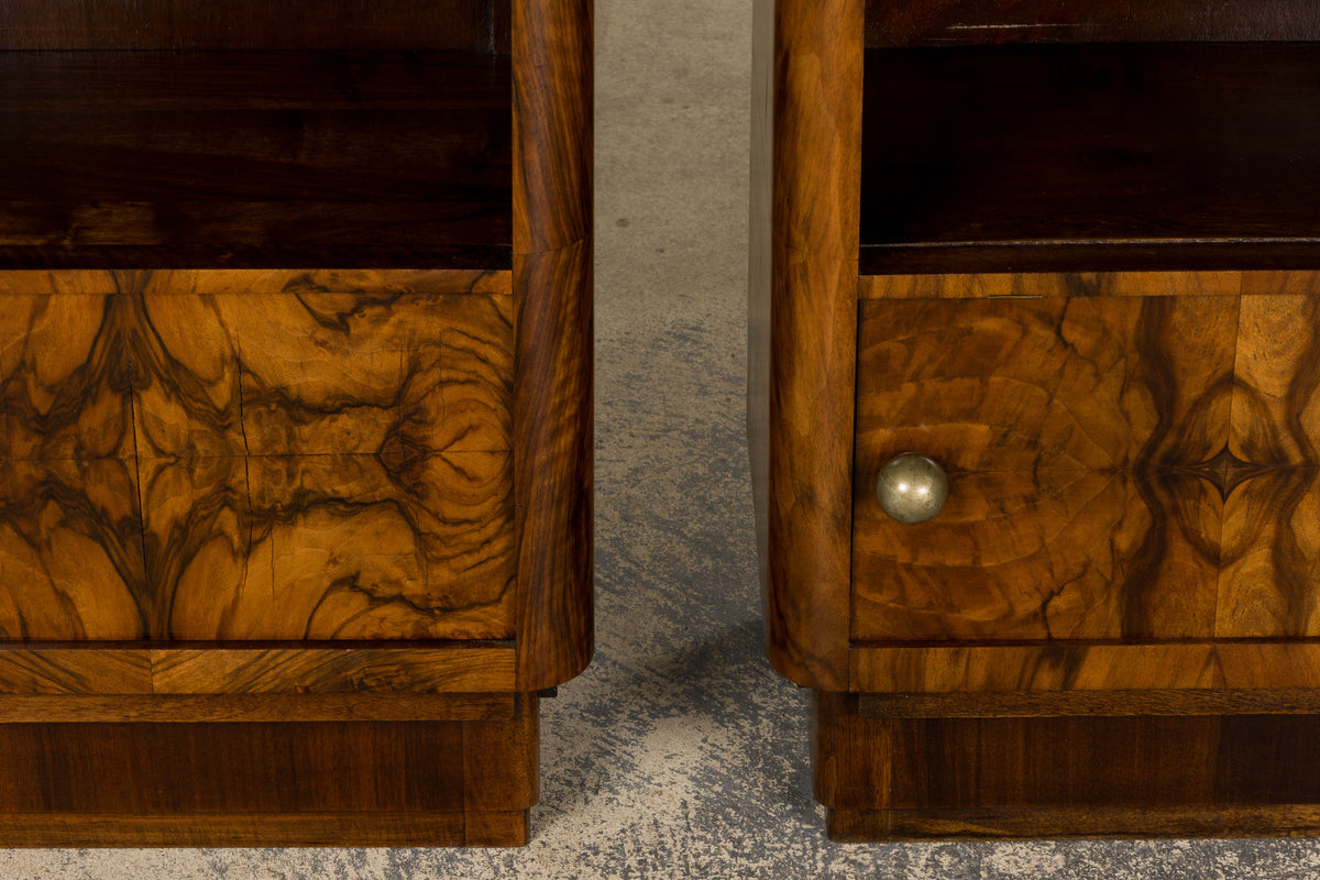 1920s French Art Deco Burl Walnut Nightstands or Side Tables W/ Marble  - A Pair