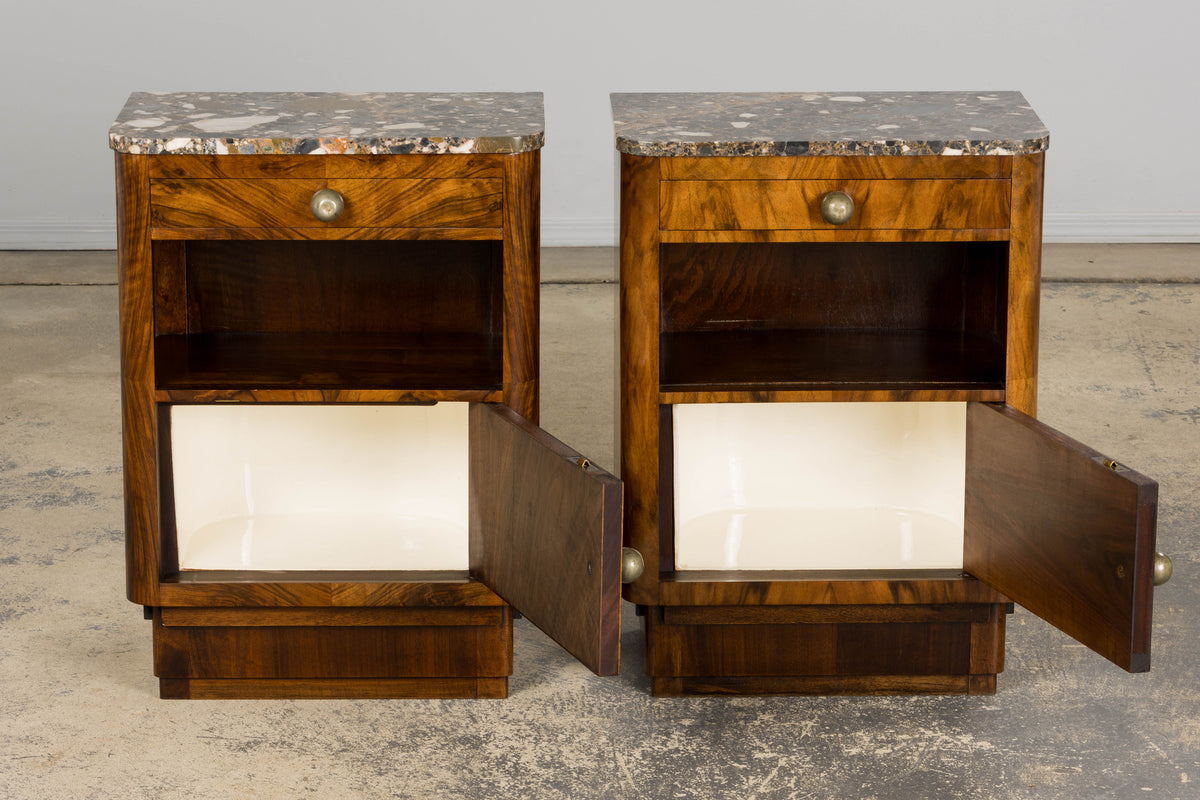 1920s French Art Deco Burl Walnut Nightstands or Side Tables W/ Marble  - A Pair