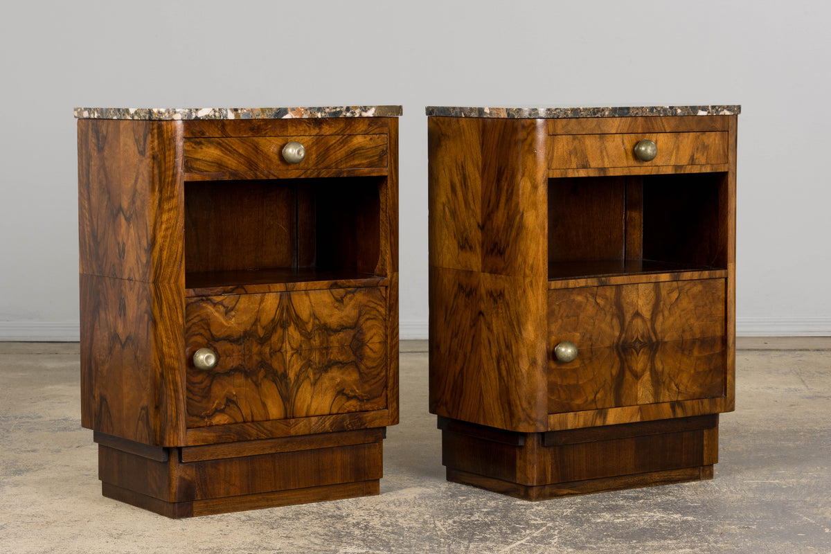 1920s French Art Deco Burl Walnut Nightstands or Side Tables W/ Marble  - A Pair