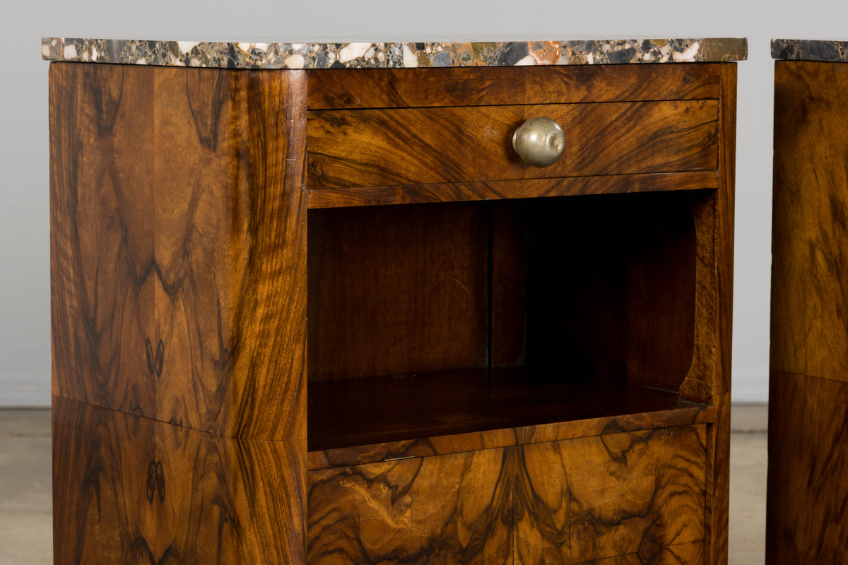 1920s French Art Deco Burl Walnut Nightstands or Side Tables W/ Marble  - A Pair
