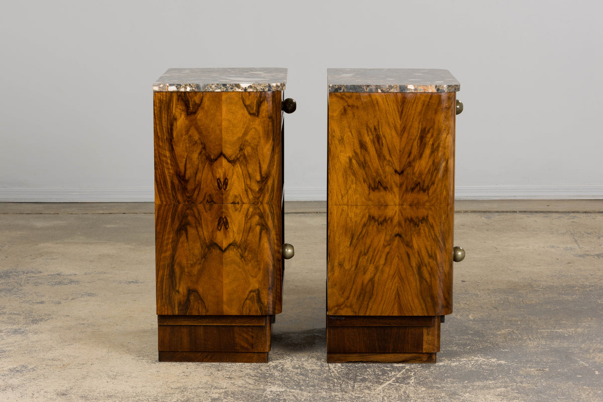 1920s French Art Deco Burl Walnut Nightstands or Side Tables W/ Marble  - A Pair