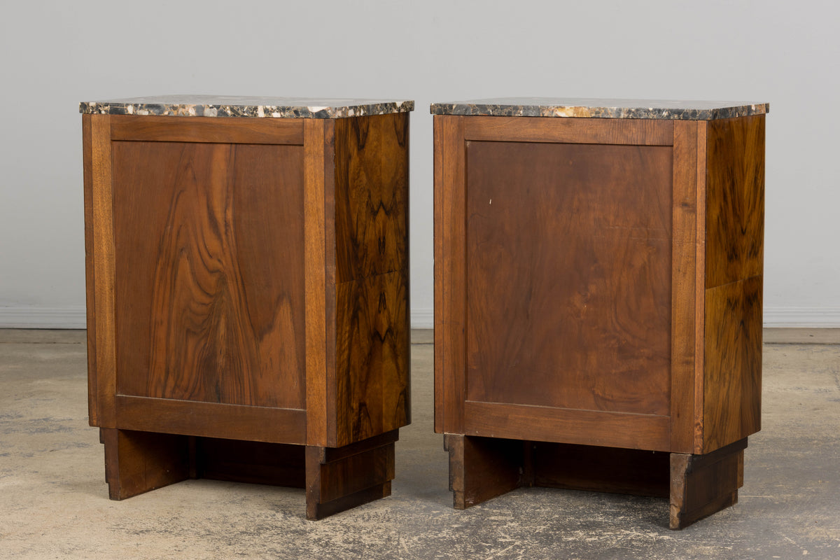 1920s French Art Deco Burl Walnut Nightstands or Side Tables W/ Marble  - A Pair