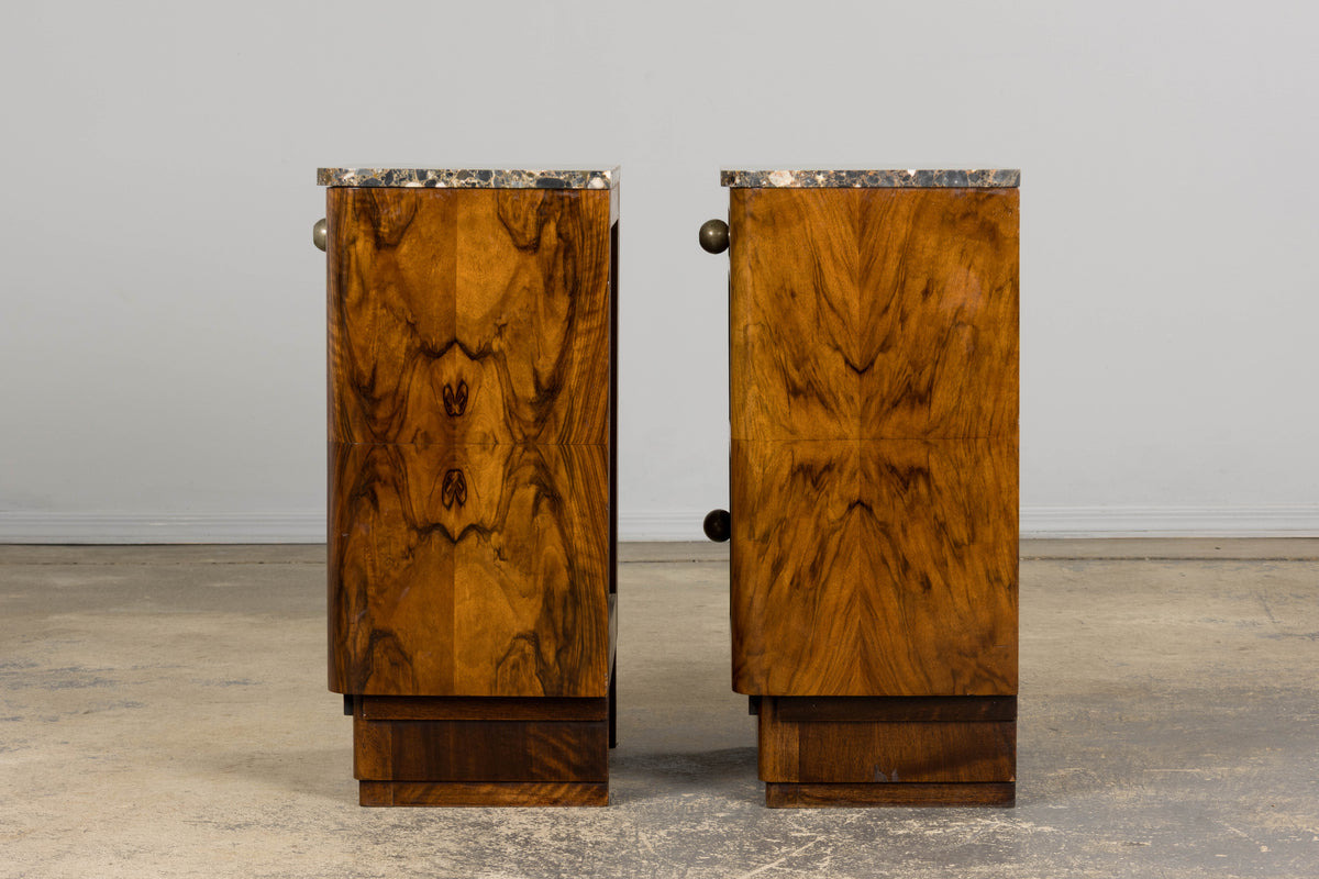 1920s French Art Deco Burl Walnut Nightstands or Side Tables W/ Marble  - A Pair