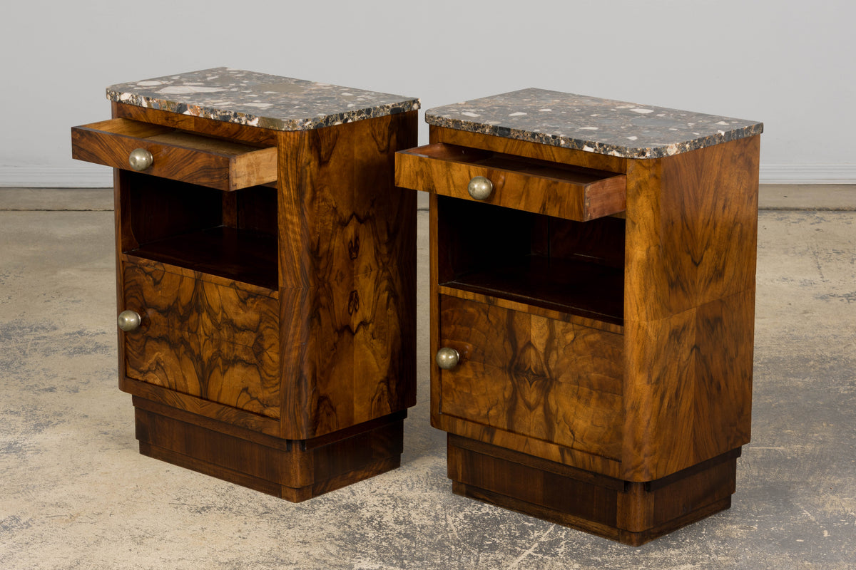 1920s French Art Deco Burl Walnut Nightstands or Side Tables W/ Marble  - A Pair