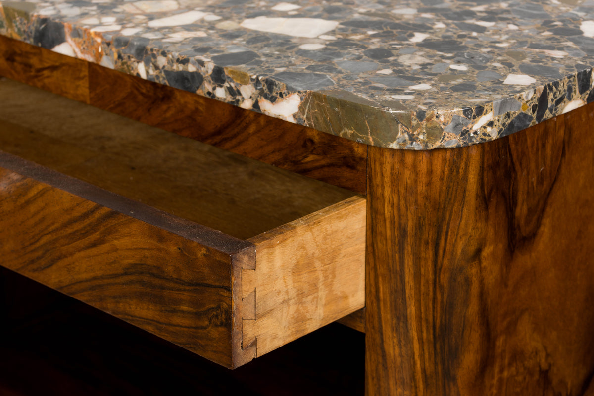 1920s French Art Deco Burl Walnut Nightstands or Side Tables W/ Marble  - A Pair