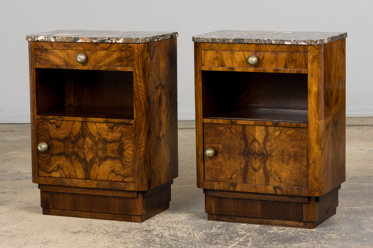 1920s French Art Deco Burl Walnut Nightstands or Side Tables W/ Marble  - A Pair